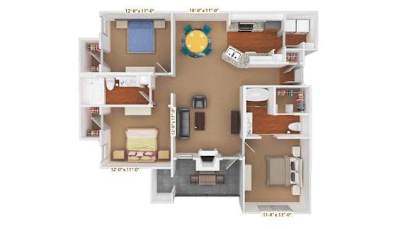 3 Bedroom 2 Bath 1,234 Sq.Ft. Floor Plan at Stoneleigh on Cartwright Apartments, J Street Property Services, Mesquite, Texas