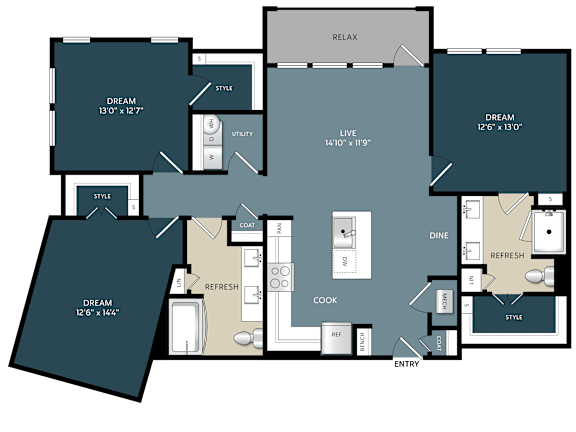 Three bedroom three bathroom floor plan layout at The Bluewood Apartments, Kerrville, 78028