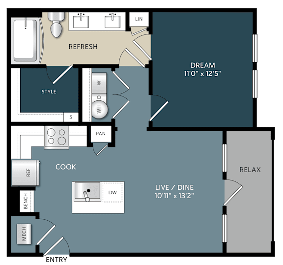 One bedroom apartment floor plan with balcony at The Bluewood Apartments, Kerrville, Texas