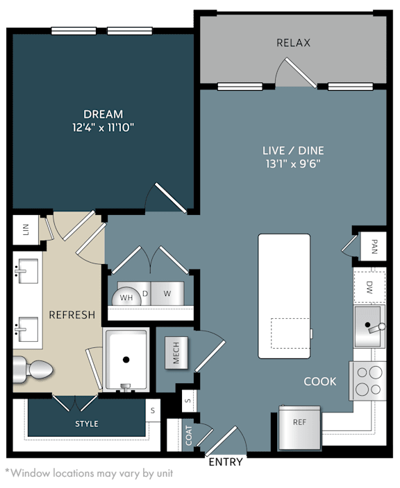 One bedroom apartment floor plan with relax area at The Bluewood Apartments, Kerrville