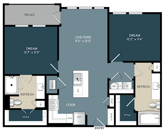 Two bedroom two bathroom apartment layout with style areas at The Bluewood Apartments, Texas
