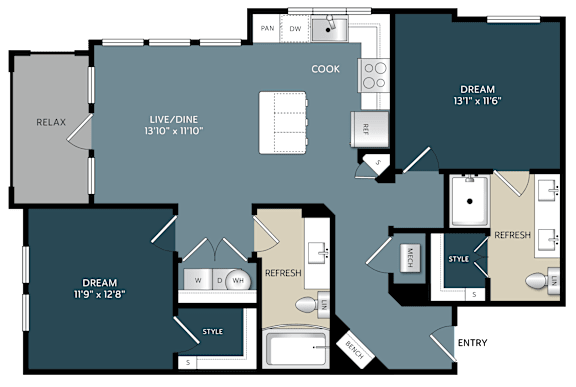 Two bedroom two bathroom apartment layout with patio at The Bluewood Apartments, Texas, 78028