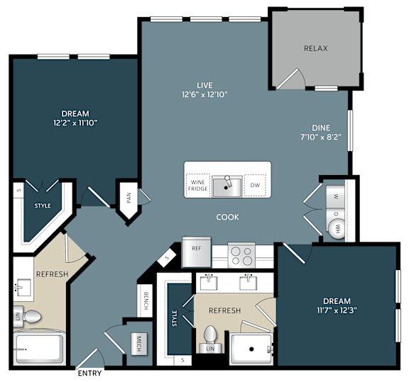 Two bedroom two bathroom apartment layout at The Bluewood Apartments, Kerrville, TX 78028