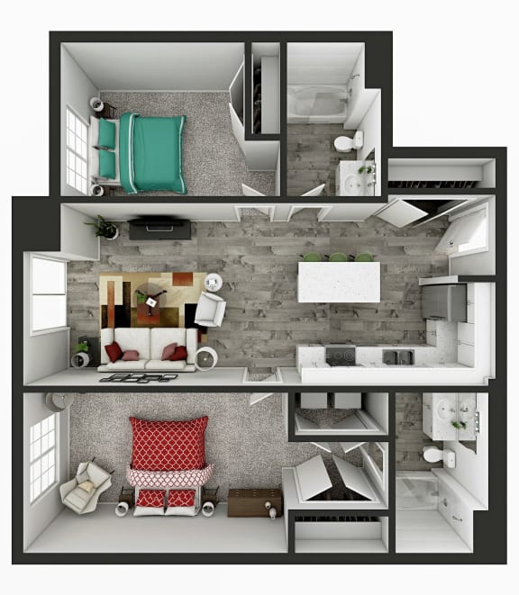 Floor Plan  2 bedroom 2 bathroom 1,108 Sq.Ft. floor plan D at Panton Mill Station Apartments,J Street Property Services, LLC, Illinois