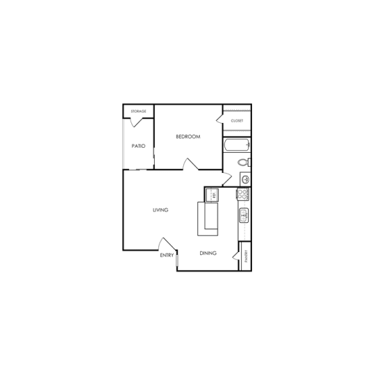 A black and white floor plan of a house with a kitchen, living room, and two bedrooms.