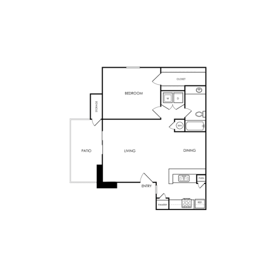 A floor plan of a house with a kitchen, living room, and two bedrooms.