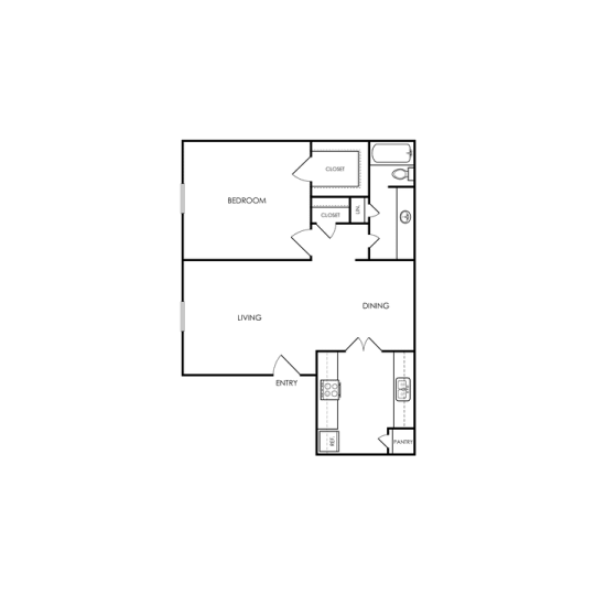 A floor plan of a house with a kitchen, living room, dining room, and two bedrooms.