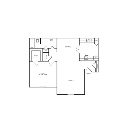 A floor plan of a house with a kitchen, living room, and two bedrooms.