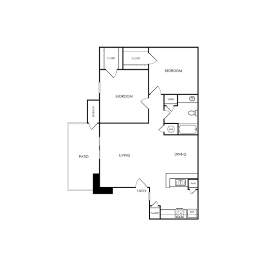 A floor plan of a house with a kitchen, living room, and two bedrooms.