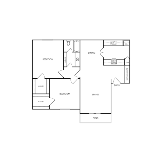 A floor plan of a house with a kitchen, living room, and two bedrooms.