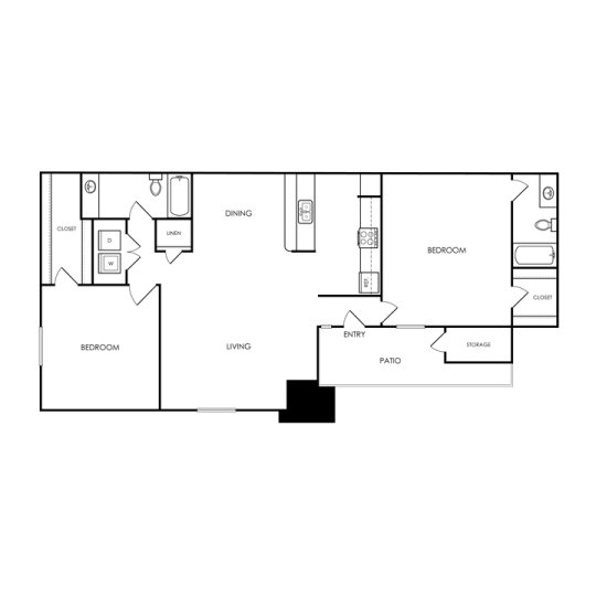 A floor plan of a house with a kitchen, living room, and two bedrooms.