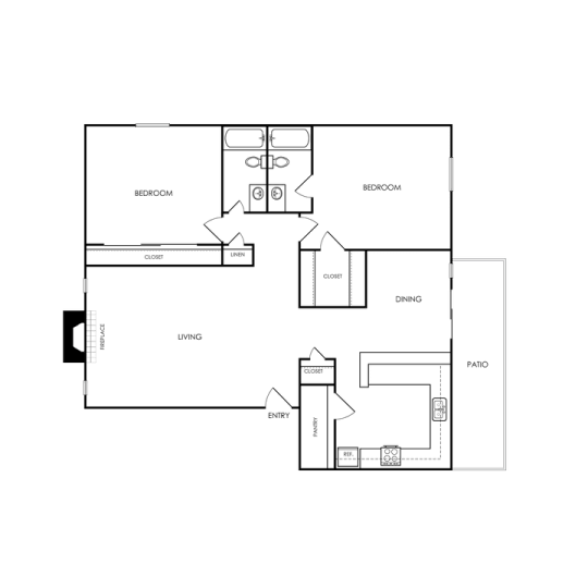 A floor plan of a house with a kitchen, living room, and two bedrooms.