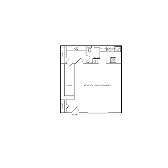 A floor plan of a room with a closet, a door, and a bathroom.