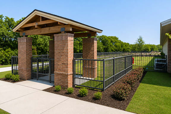 A brick and metal gate entrance to a building.