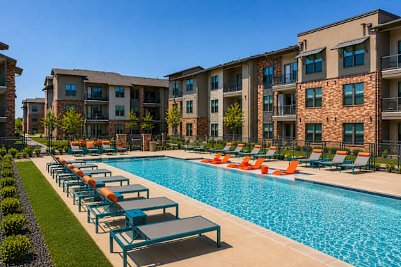 Resort-style swimming pool with in-water loungers and spacious sundeck at One Preston Station Apartments.