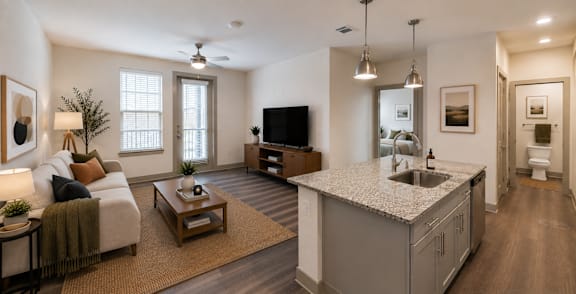 A modern living room with a white sofa, a wooden coffee table, and a flat-screen TV.