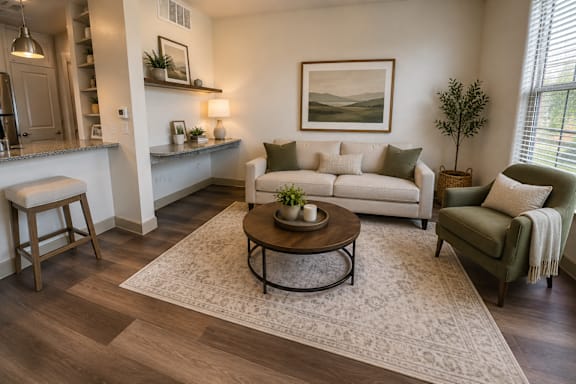 A living room with a white couch, a coffee table, and a painting on the wall.