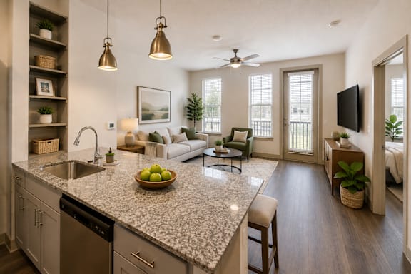 Bright open-concept apartment living room and kitchen with modern finishes and natural light.