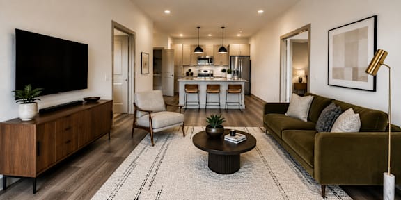 A modern living room with a flat screen TV, a sofa, a coffee table, and a dining area in the background.