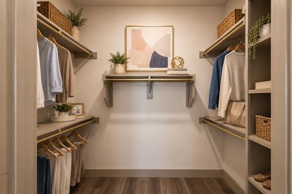 A walk-in closet with clothes and a plant.