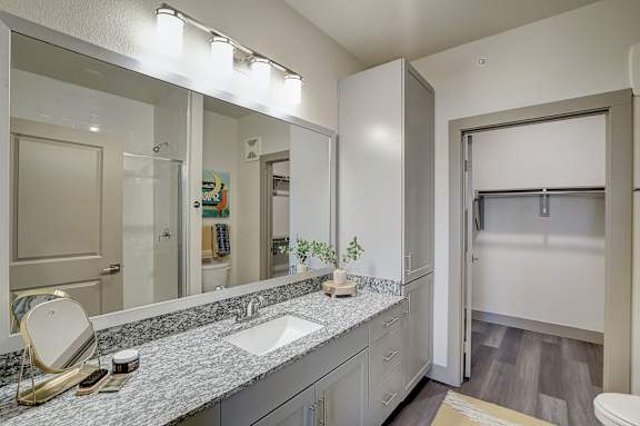 A bathroom with a sink, mirror, and toilet.
