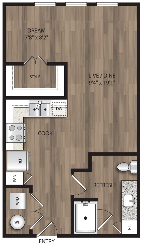 Studio 1 bath S1 Floor Plan at The Mill Old Town, Lewisville, 75057