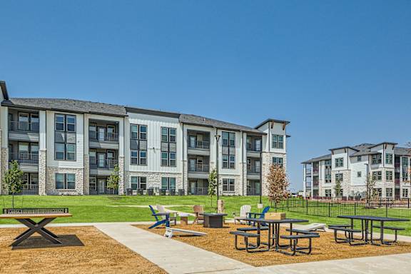 Outdoor biergarten gathering space at The Westerly Apartments in Midlothian TX
