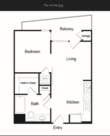 A black and white floor plan of a small apartment with a bedroom, bathroom, kitchen, and balcony.