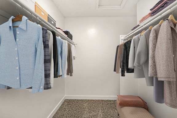 A spacious closet at Hilltop View Apartments