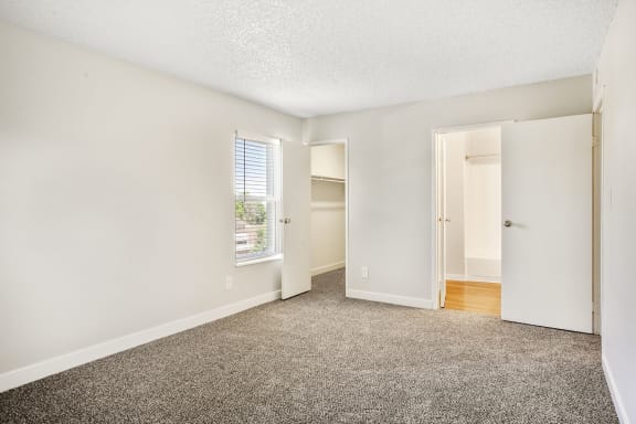 a bedroom with white walls and carpet  at Hilltop View in Denver, CO
