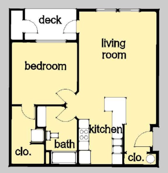 A one bedroom, one bathroom apartment floor plan at Huntington Place Apartments in Puyallup, Washington