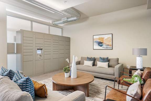 package receiving couches and a coffee table at Sleek Lofts Denver Colorado