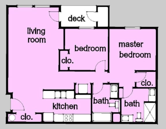 A two bedroom, two bathroom apartment floor plan at Huntington Place Apartments in Puyallup, Washington