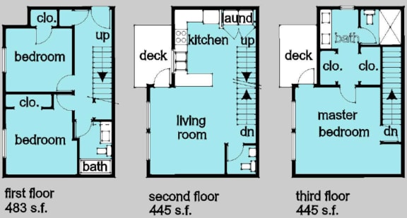 A three bedroom, two-and-a-half bathroom apartment floor plan at Huntington Place Apartments in Puyallup, Washington
