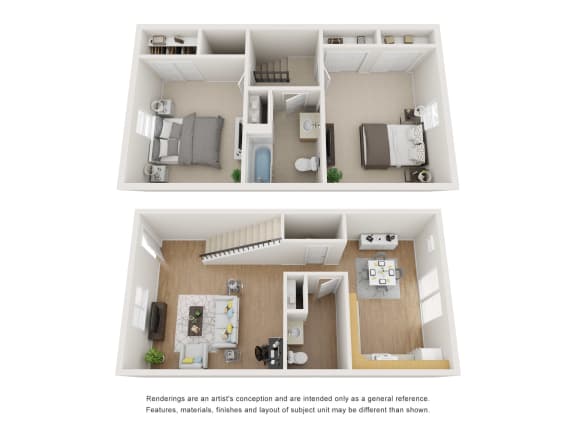 Two Bedroom Two Bathroom split level floorplan at Alder Square Townhomes Apartments, Loveland, Colorado