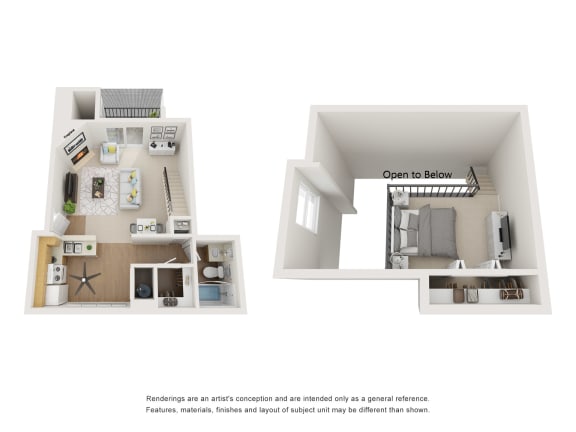3-D image of a studio floor plan