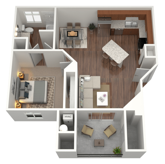 3D rendering of 1 bed 1 bath apartment