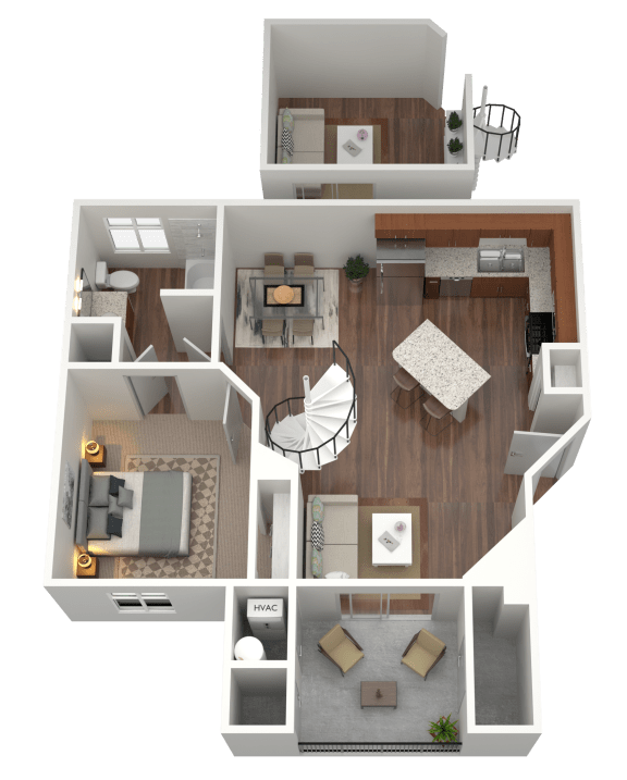 3D rendering of a 1 bed 1 bath loft apartment