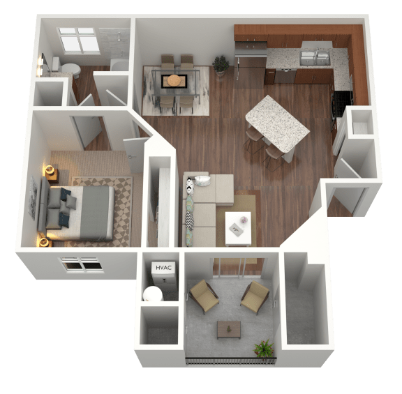 3D rendering of a 1 bed 1 bath apartment