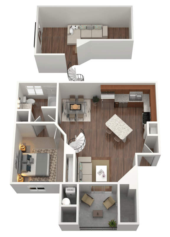 3D rendering of a 1 bed 1 bath loft apartment