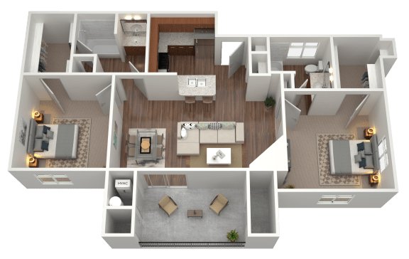 3D rendering of a 2 bed 2 bath apartment
