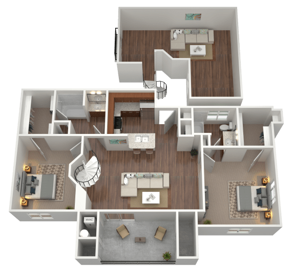 3D rendering of a 2 bed 2 bath loft apartment