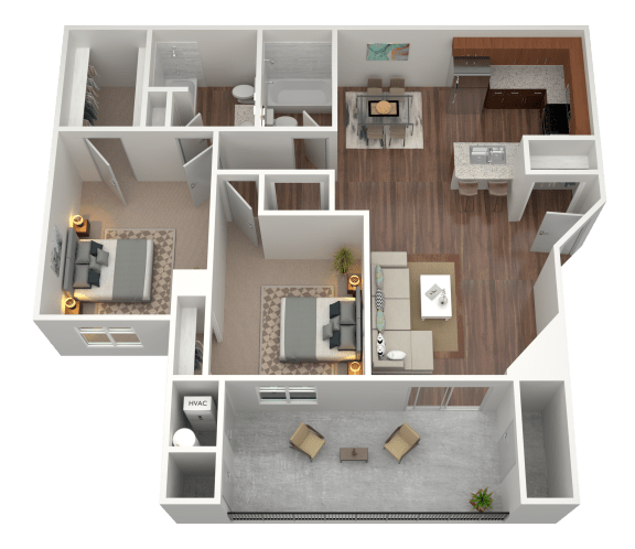 3D rendering of a 2 bed 2 bath apartment