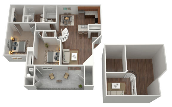 3D rendering of a 2 bed 2 bath loft apartment