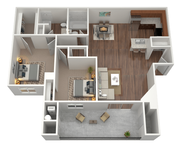 3D rendering of a 2 bed 2 bath apartment