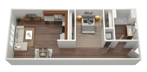3D rendering of a one-bedroom one-bath floorplan