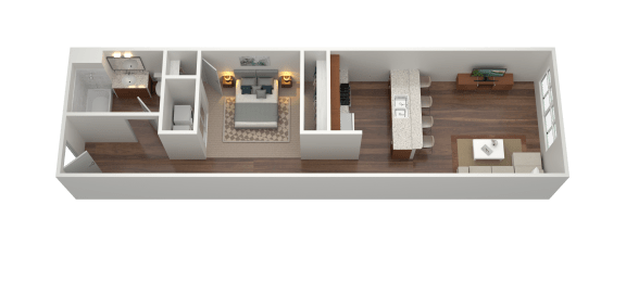 3D rendering of a one-bedroom one-bath floorplan