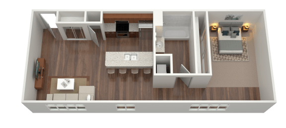 3D rendering of a one-bedroom one-bath floorplan
