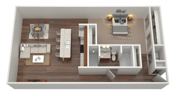3D rendering of a one-bedroom one-bath floorplan