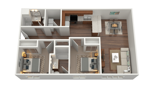 3D rendering of a two-bedroom two-bath floorplan